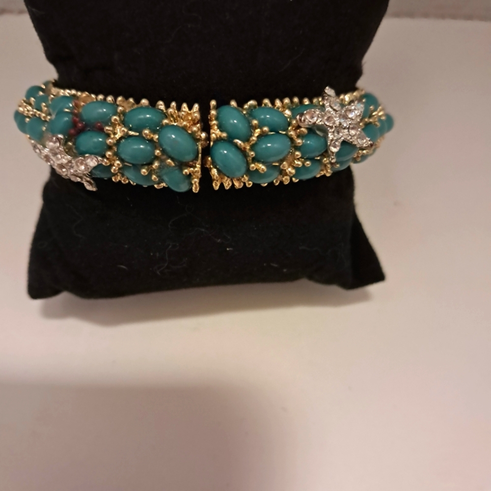 Gold Tone Clamper Bracelet with  Turquoise and Rhinestone Starfish Hinge…
